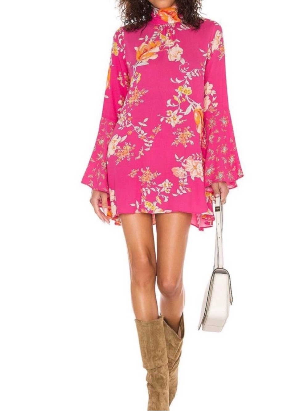 Free people tate tunic pink lollipop combo floral womens L flare sleeve boho